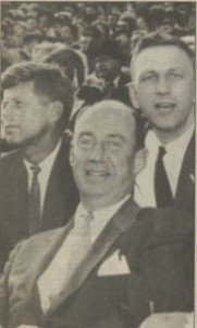 John Brademas (right) campaigns with presidential candidate Adali Stevenson (center), and then-Sen. John F. Kennedy (right).