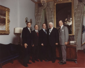 The House Democratic Leadership team in the late 1970's: (L to R) Chief Deputy Whip Dan Rostenkowski, Whip Brademas, Majority Leader Jim Wright, Speaker Tip O’Neill, Caucus Chairman Tom Foley
